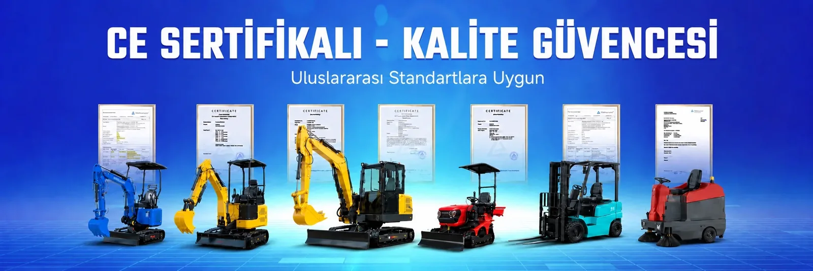 EKSFORK makinelerinin CE sertifikaları — mini ekskavatör, traktör, forklift ve zemin temizleme makineleri